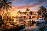 Bitcoin real estate in Miami showing a luxury waterfront mansion offered for sale using Bitcoin
