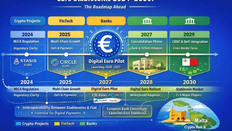 Infographic showing the Euro stablecoins roadmap from 2024 to 2030, including crypto projects, FinTech, banks, Digital Euro pilot, Malta as a crypto hub, and key milestones like MiCA regulation, multi-chain growth, and CBDC integration.