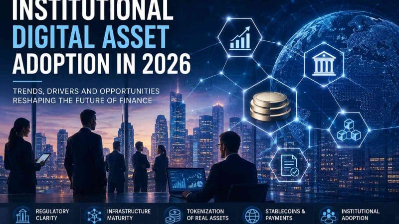 Institutional digital asset adoption in 2026 showing blockchain networks, tokenization, and global finance transformation