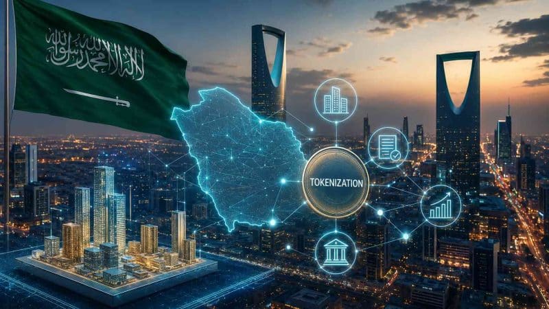 Futuristic visualization of Saudi Arabia’s real estate and financial system being integrated into blockchain-based tokenization infrastructure