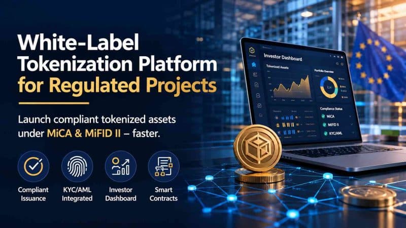 White-label tokenization platform dashboard for regulated digital asset issuance under MiCA and MiFID II with investor interface and compliance features.